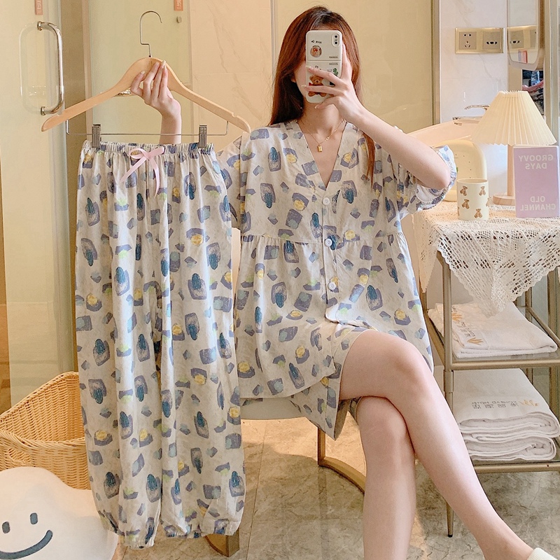 女棉绸薄款宽松睡衣套装三件套