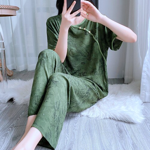 国风棉绸睡衣女夏季短袖长裤人造棉绵绸新中式薄款宽松家居服套装