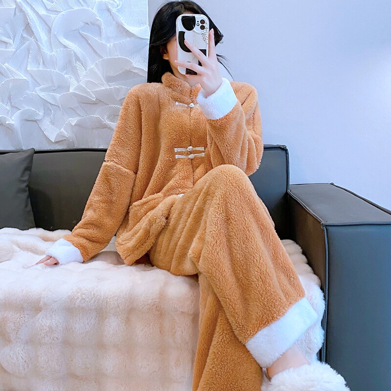 新款2025秋冬珊瑚绒睡衣女新中式长毛绒法兰绒家居服保暖唐装套装