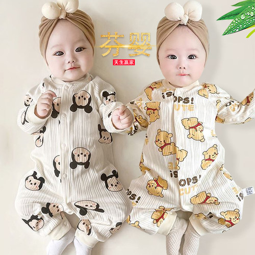 婴儿连体衣春秋长袖新生儿满月男宝宝可爱衣服纯棉秋季薄款哈衣女