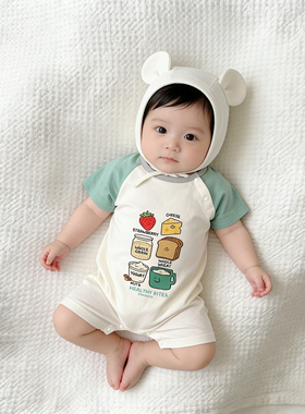 纯棉新生婴儿连体衣夏季宝宝薄款短袖睡衣初生儿哈衣爬爬服夏天新