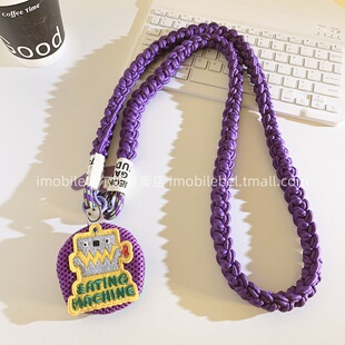 个性绿字母机器人紫网格包手机壳零钱袋长款斜跨绳可挂脖编织带钥匙蓝牙收纳袋侧身挂肩通用ccd背包挂链挂绳