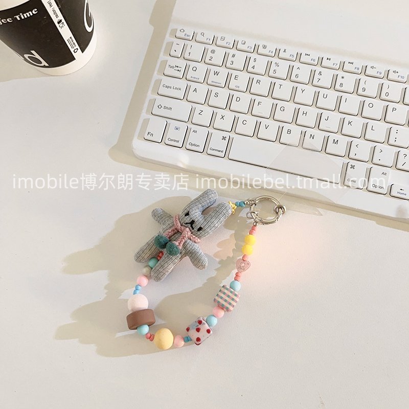 韩系ins风粉色布艺兔子手工串珠手机链手机挂件趣味手提短款包包挂饰挂绳汽车钥匙扣可爱女款ccd便携挂绳C16
