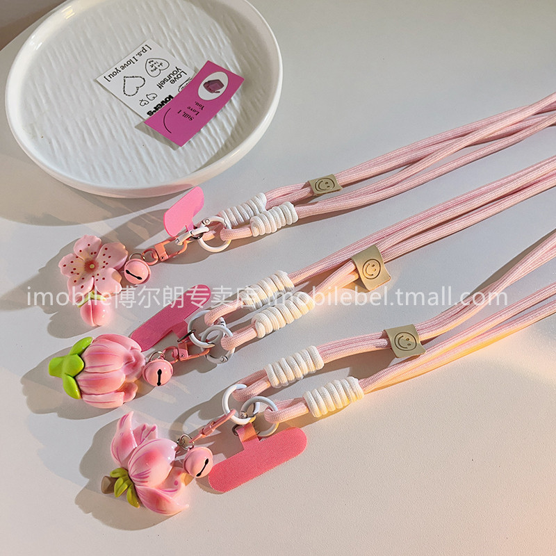 少女心卡通手机壳铃铛桃花斜跨绳
