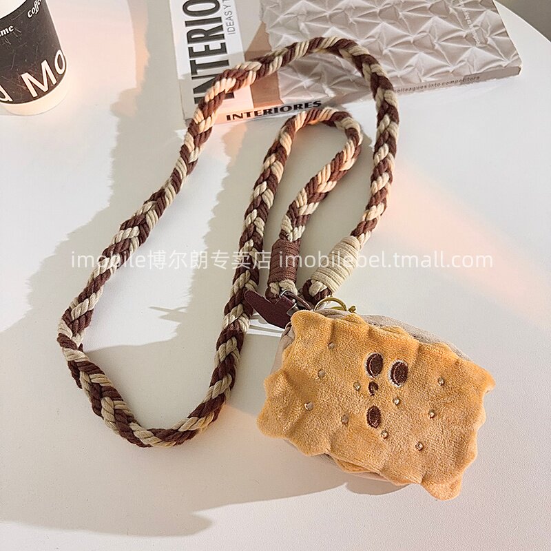 超萌可爱卡通夹心饼干零钱包手机挂件尼龙线材编织斜跨长绳小巧便携收纳耳机套钥匙百搭女款户外ccd便携侧肩