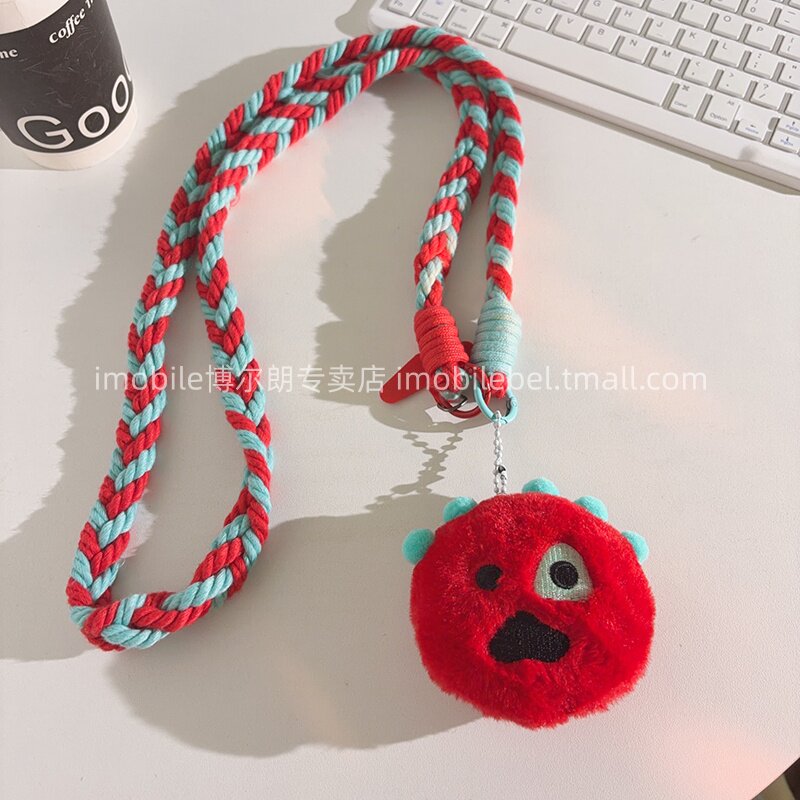 超萌可爱毛绒公仔红色独眼怪兽手机壳书包挂饰多功能尼龙线材编织斜跨长绳通用ccd户外防丢便携侧肩背带女款