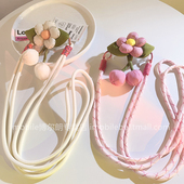 少女心充棉白花朵绿叶子手机壳背夹固定器可爱粉花朵斜跨长绳女款 外出适用挂脖挂肩背带挂绳小清新手机壳配件