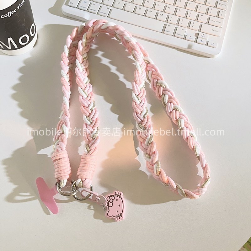 可爱卡通立体粉色KT猫手机挂绳加粗编织带麻花侧身背带通用户外旅行ccd相机结实耐用多功能手机链便携侧肩女