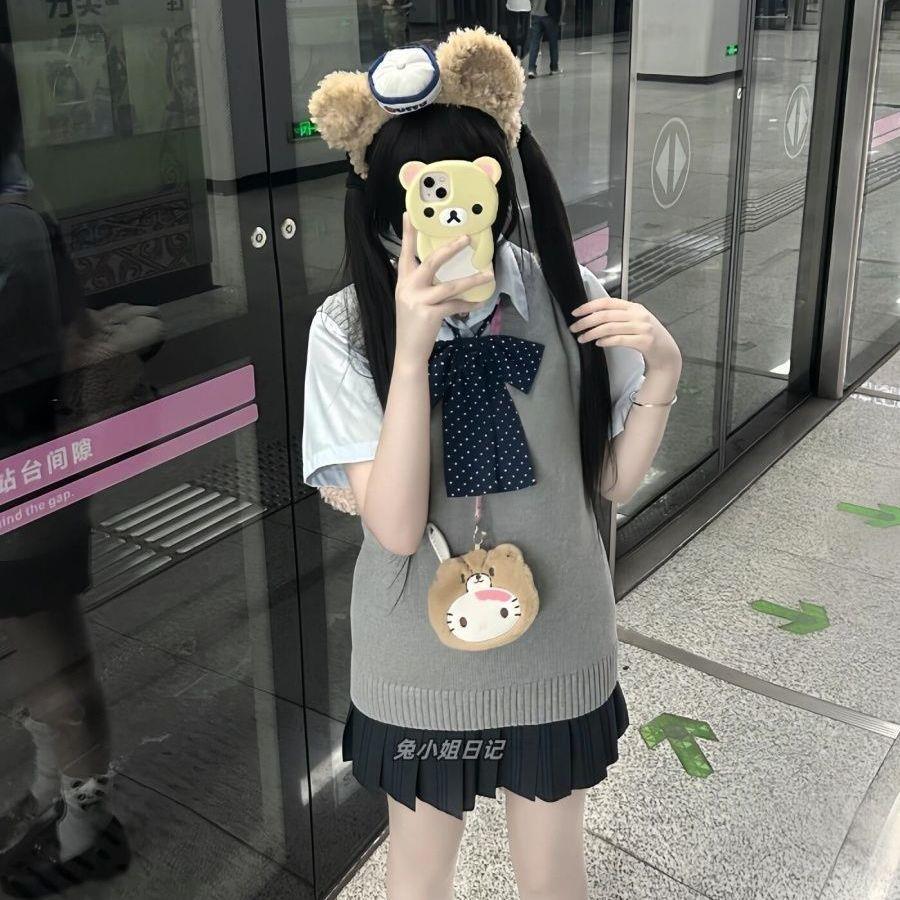 猫看花jk正版制服凛凛甜美百褶格裙套装纯色套头针织背心马甲叠穿