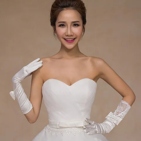 蕾丝手套肘大蝴蝶结厂货新娘有指长款婚纱直供礼服饰色丁缎面