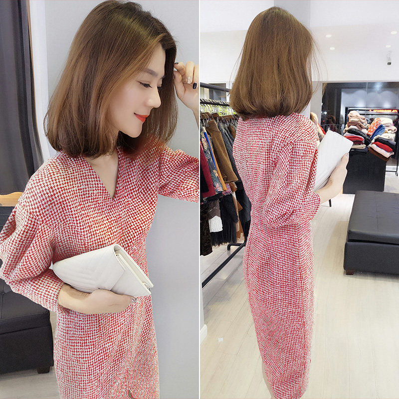 时尚V领气质名媛长款红色格子连衣裙欧洲站2020秋新款女装欧货潮