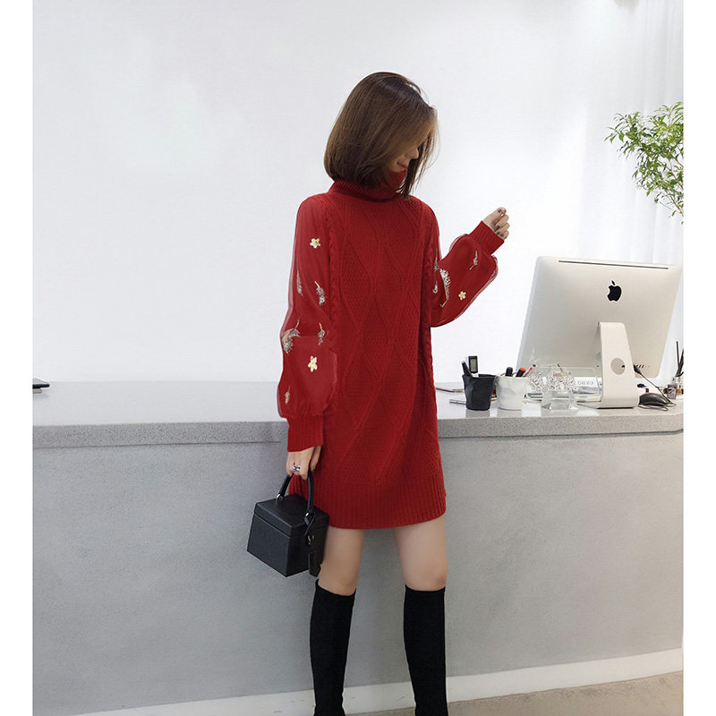 红色高领气质针织裙子欧货2022春季新款欧洲站打底毛衣连衣裙女装