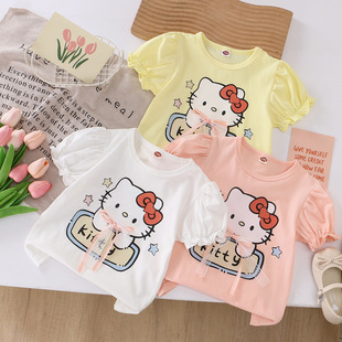 T恤蕾丝蝴蝶结网红可爱风kt猫上衣服儿童夏装 凯蒂猫女童夏季 短袖