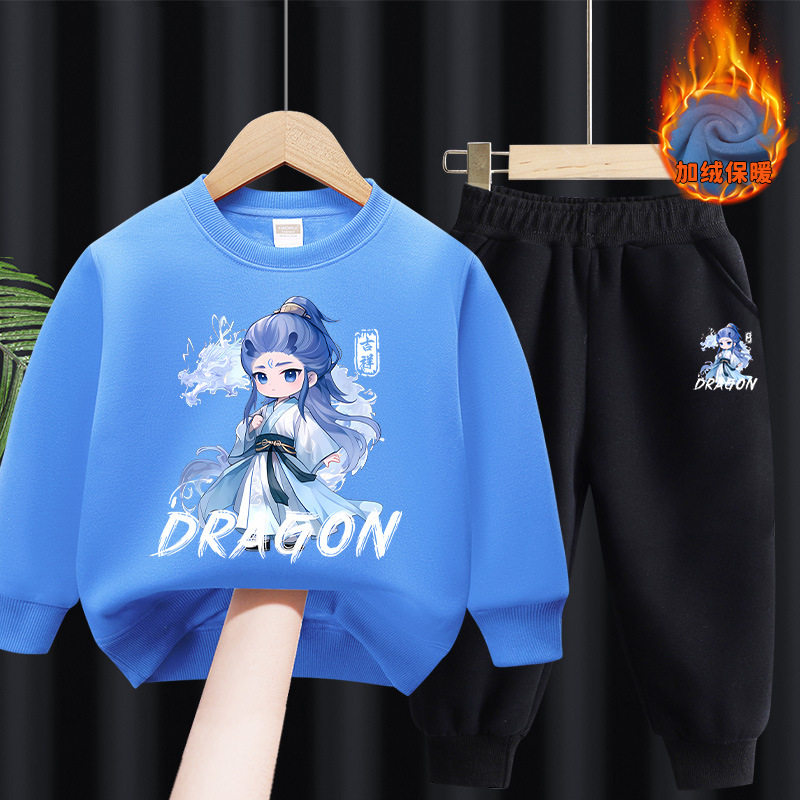 男童冬装加绒卫衣女童秋冬卡通儿童哪吒敖丙衣服一体绒保暖两件套