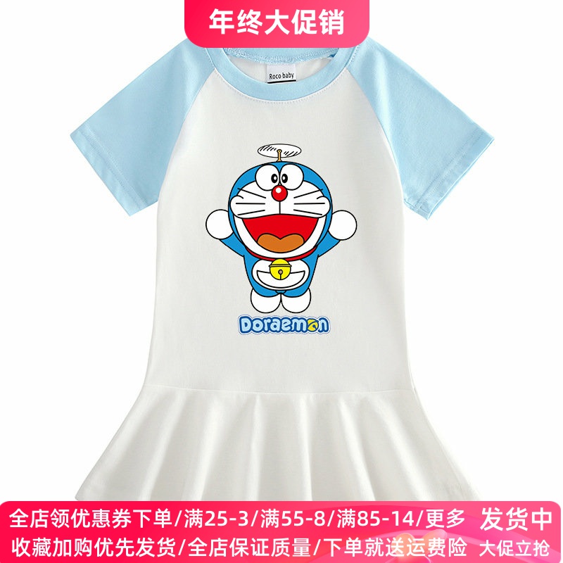 哆啦a梦衣服2025夏季叮当猫童装女童短袖连衣裙薄款宝宝纯棉裙子