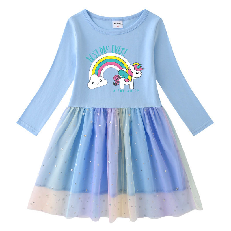 独角兽公主裙秋季女孩衣服女童长袖连衣裙儿童秋装纯棉薄款裙子潮