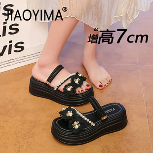 外穿海边沙滩花朵凉拖鞋 夏季 配裙子 女厚底增高2026新款 一字带凉鞋