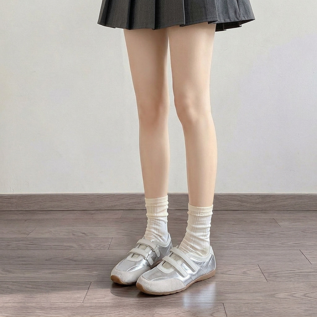 银色芭蕾玛丽珍鞋女2026春夏新款魔术贴运动休闲鞋浅口单鞋配裙子