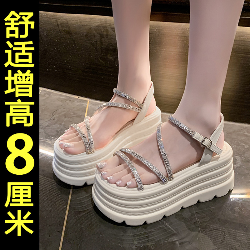8cm厚底增高一字带水钻凉鞋外穿