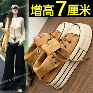 厚底高帮板鞋女2026春季新款复古百搭小众内增高帆布鞋超火休闲鞋