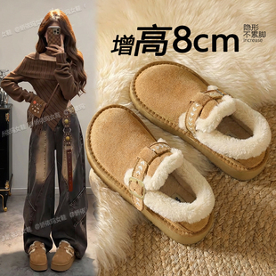 厚底加绒勃肯鞋女鞋2025新款冬季乐福鞋保暖雪地靴一脚蹬增高棉鞋