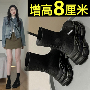 袜子鞋 厚底欧洲站小个子内增高休闲高帮鞋 女2026新款 黑色老爹鞋