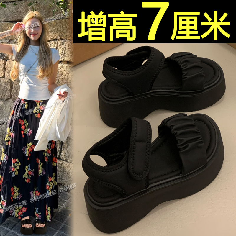 厚底黑色凉鞋女2025新款夏季外穿高级感增高配裙子罗马沙滩凉鞋