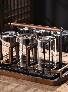 玻璃杯套装家用客厅耐高温泡绿茶水杯大容量待客喝水杯子木柄茶杯