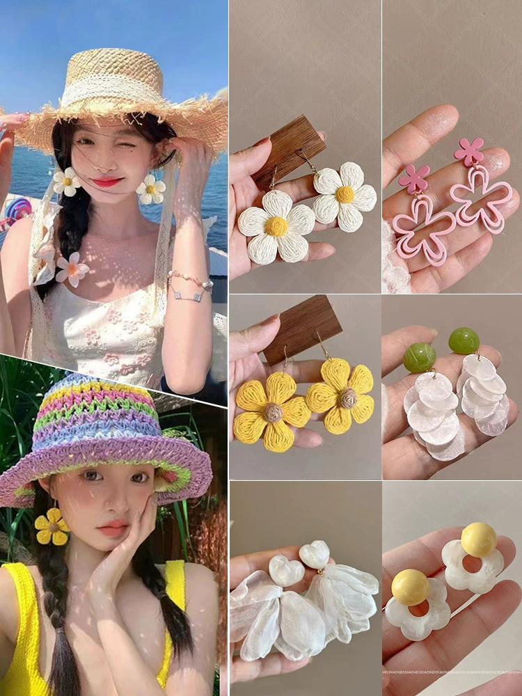Small design earrings, flowered, high-end, bright catchy style