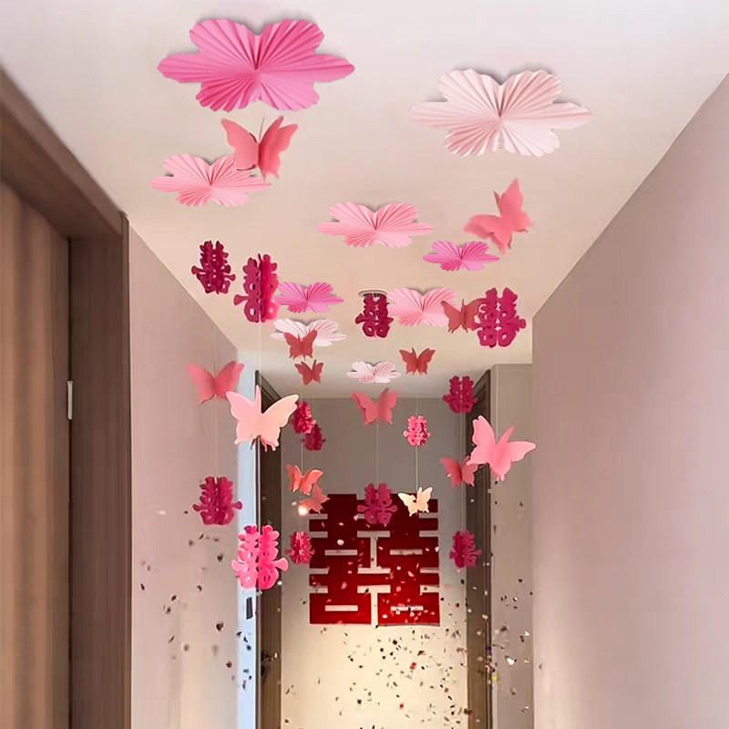 婚房布置纸花扇吊饰屋顶拉花套装装饰结婚用品卧室新房出片道具