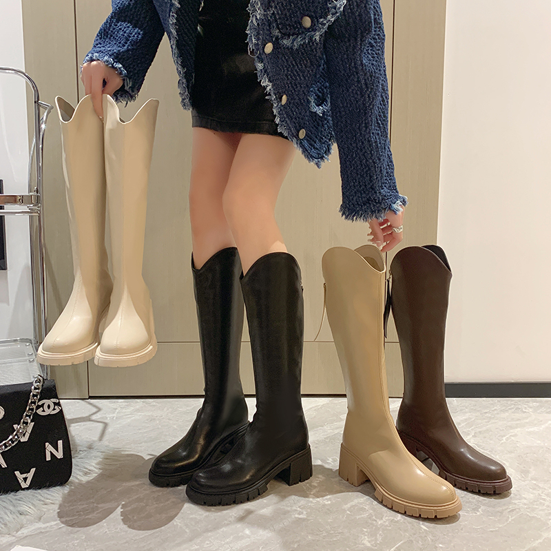 高跟长筒靴女不过膝秋冬新款厚底粗跟V口骑士靴41瘦瘦靴棕色靴子