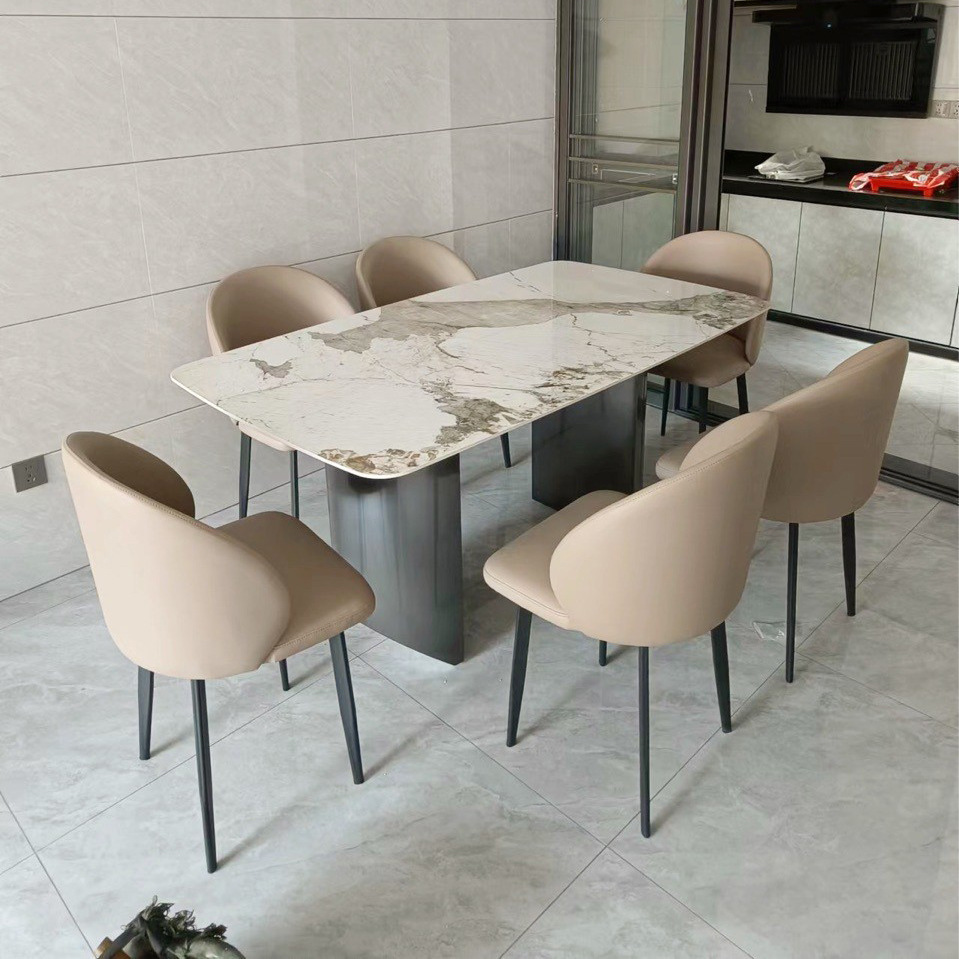 亮光岩板餐桌现代简约家用吃饭桌子不锈钢脚设计师长方形奢石餐桌