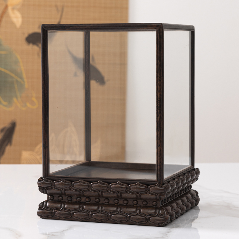 实木摆件观音佛像财神莲花玻璃罩红木工艺品花瓶防尘罩透明展示盒