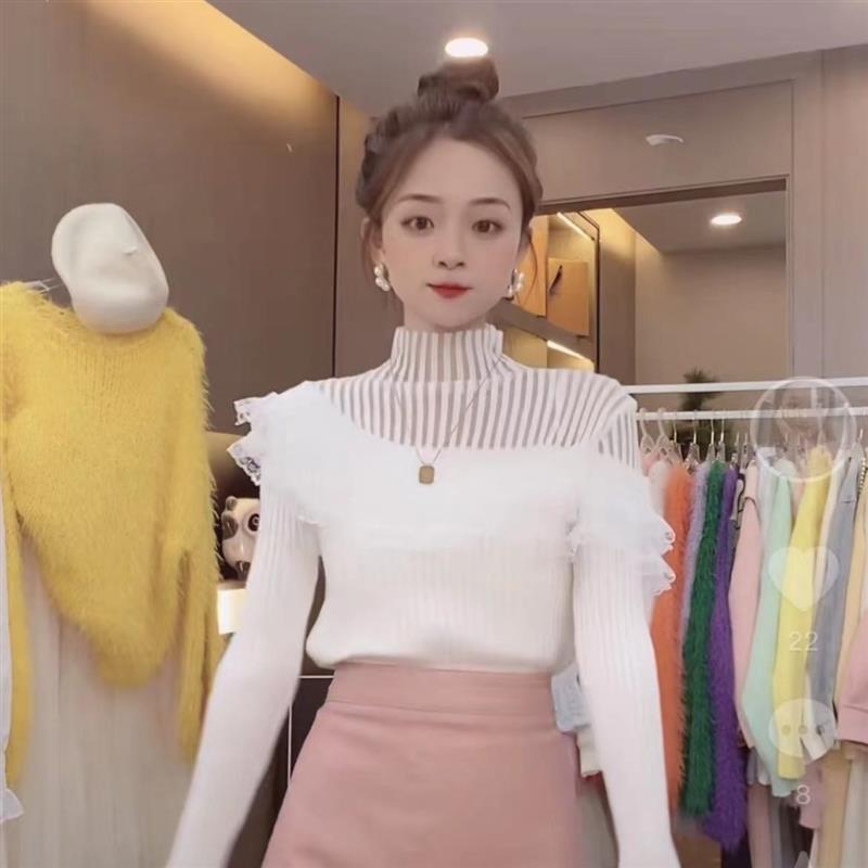秀宝女装穿搭2022秋冬新款韩版高领套头毛衣女蕾丝拼接镂空修身长