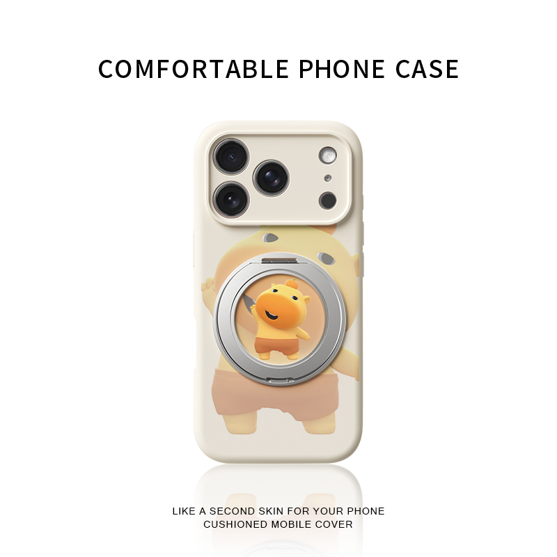 打招呼水豚噜噜适用苹果17promax手机壳新款iphone16pro女款15卡通14全包防摔液态硅胶软壳360旋转支架保护套
