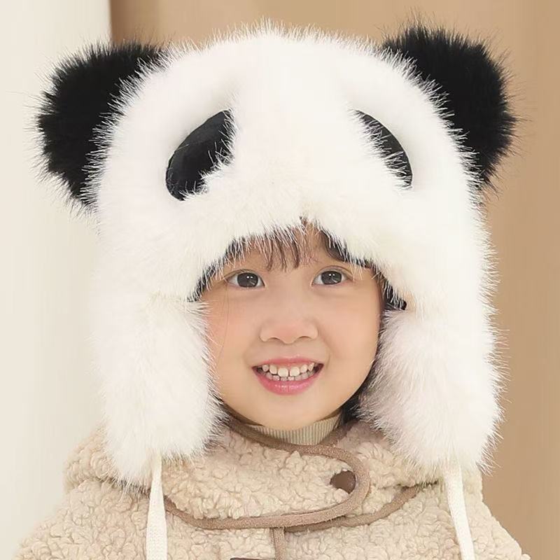 儿童防寒帽子冬季可爱熊猫头套毛绒帽女童户外毛绒保暖护耳雷锋帽