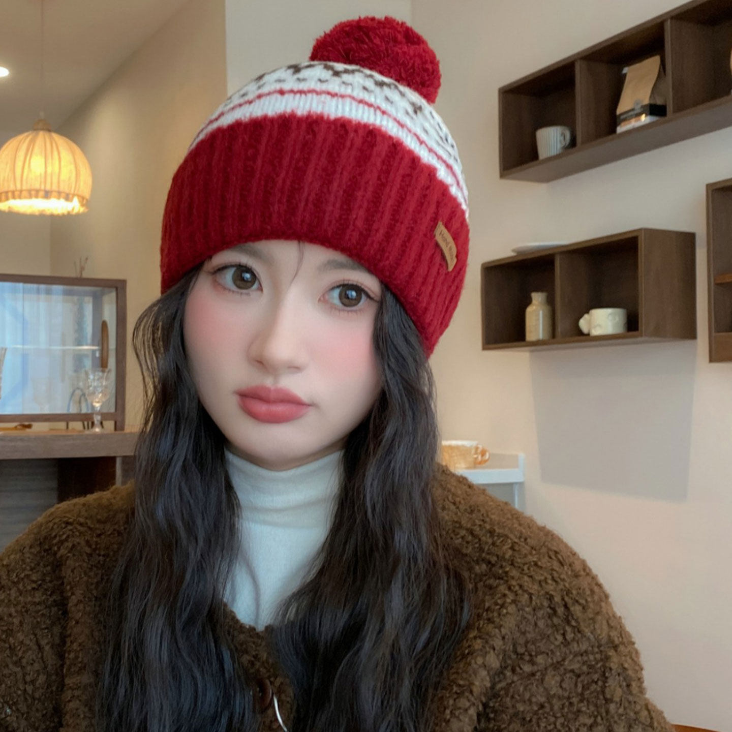 可爱毛球帽提花毛线帽女冬季针织帽大头围保暖护耳冷帽红色包头帽