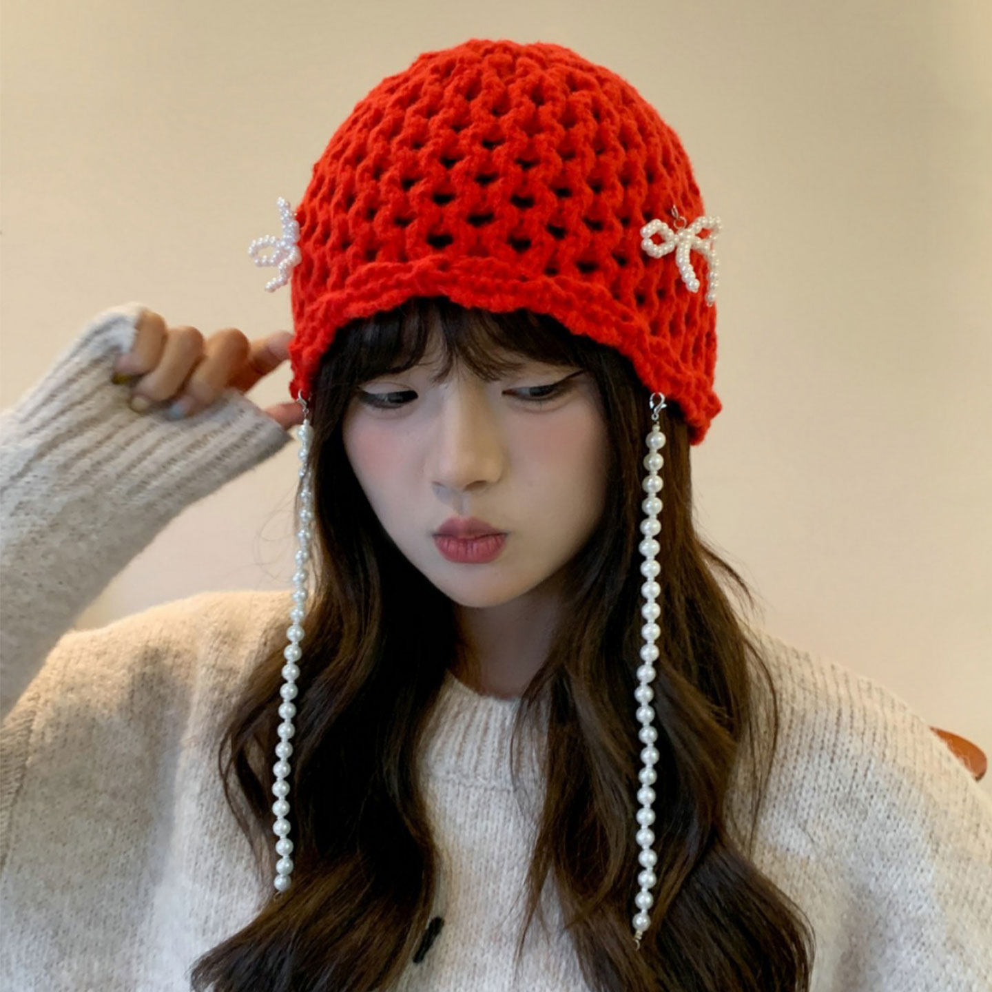 珍珠蝴蝶结头针织帽韩版时尚保暖百搭小众毛线帽秋冬女士镂空帽子