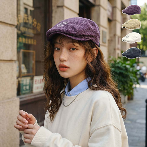 女夏复古格纹显脸小报童帽贝雷帽