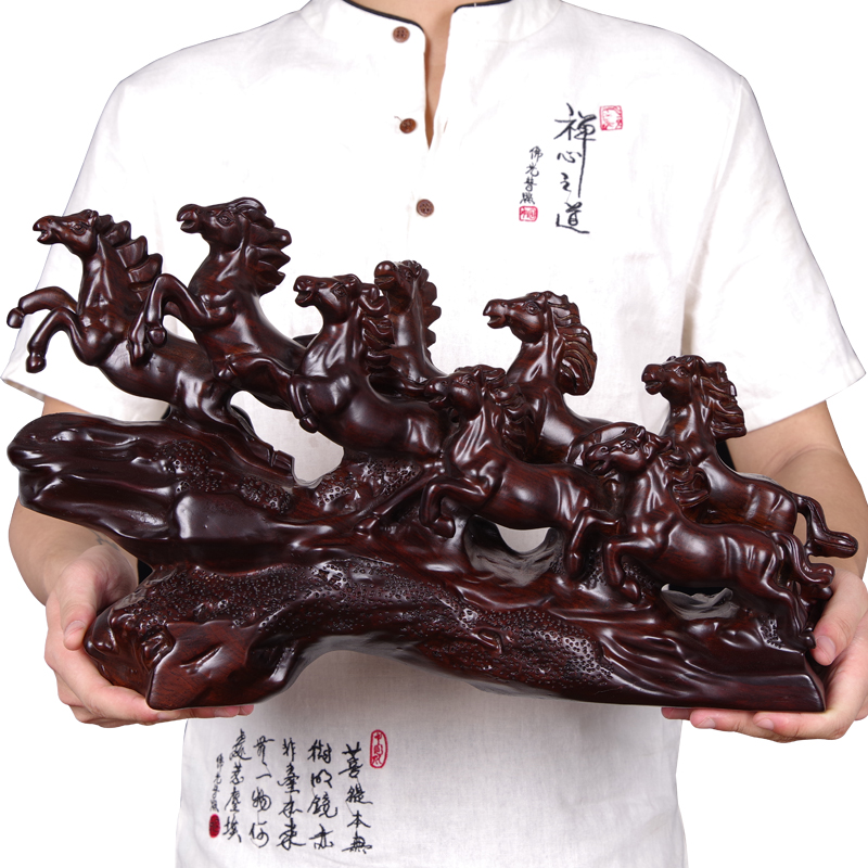 实木雕刻办公室桌面开业八骏马