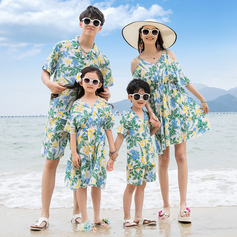 亲子装一家三口四口海边度假夏威夷风沙滩装母子母女款连衣裙套装