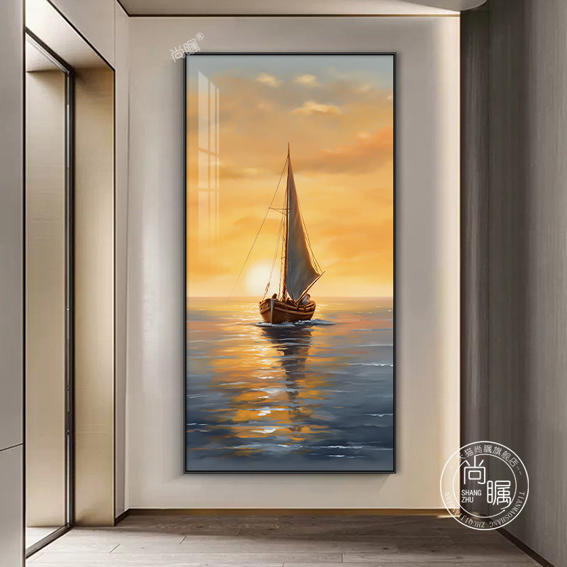 入户进门玄关装饰画一帆风顺走廊尽头挂画大海帆船风景过道壁画