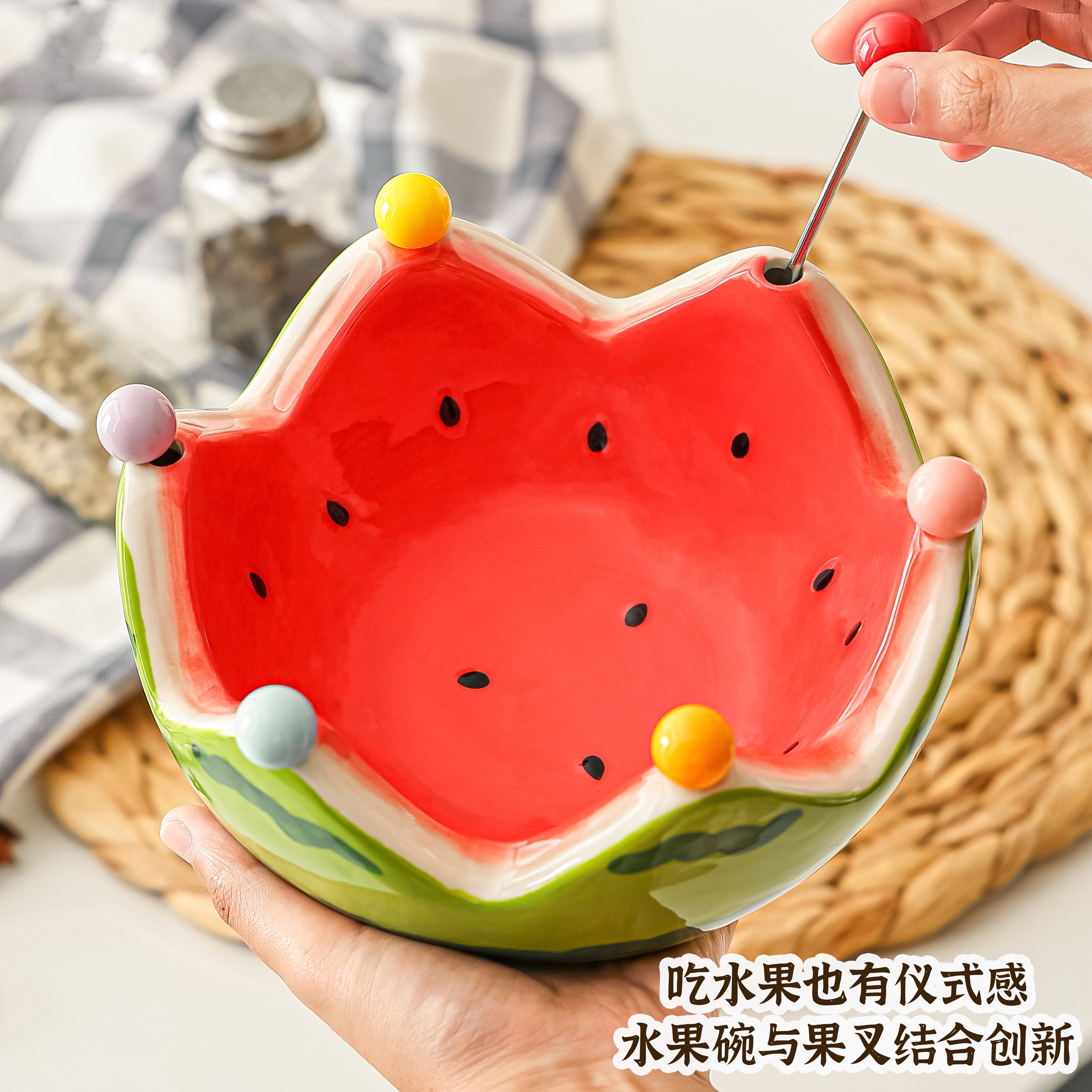 日本进口高颜值西瓜水果叉家用客厅茶几水果盘碗不锈钢小叉子套装