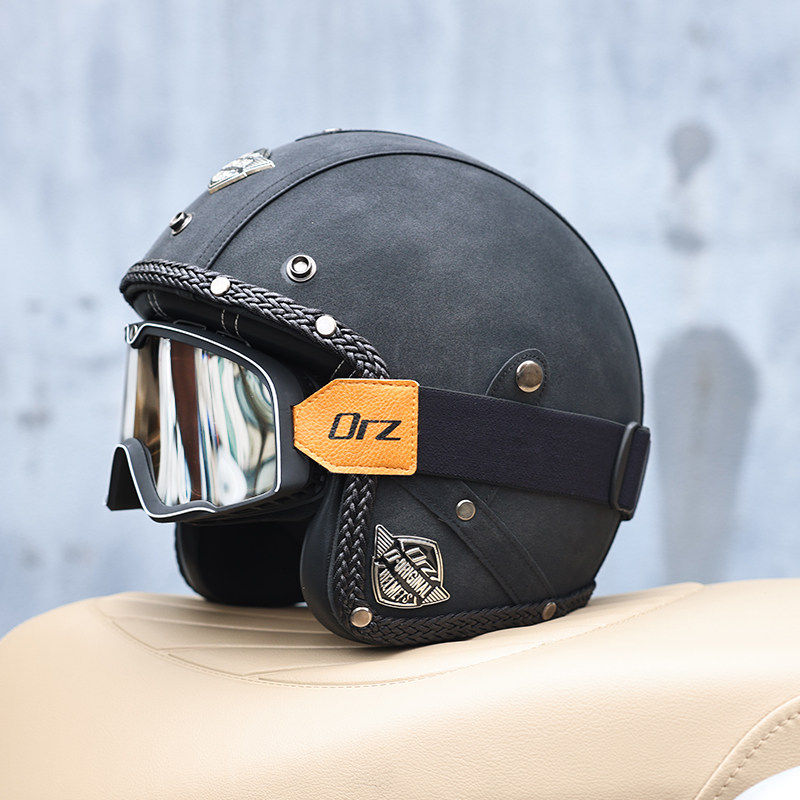 日本araione复古哈雷摩托车头盔男女电动踏板PU皮质半覆式3/4半盔