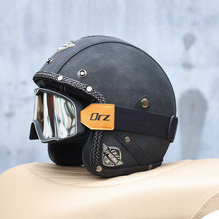 日本araione复古哈雷摩托车头盔男女电动踏板PU皮质半覆式3/4半盔