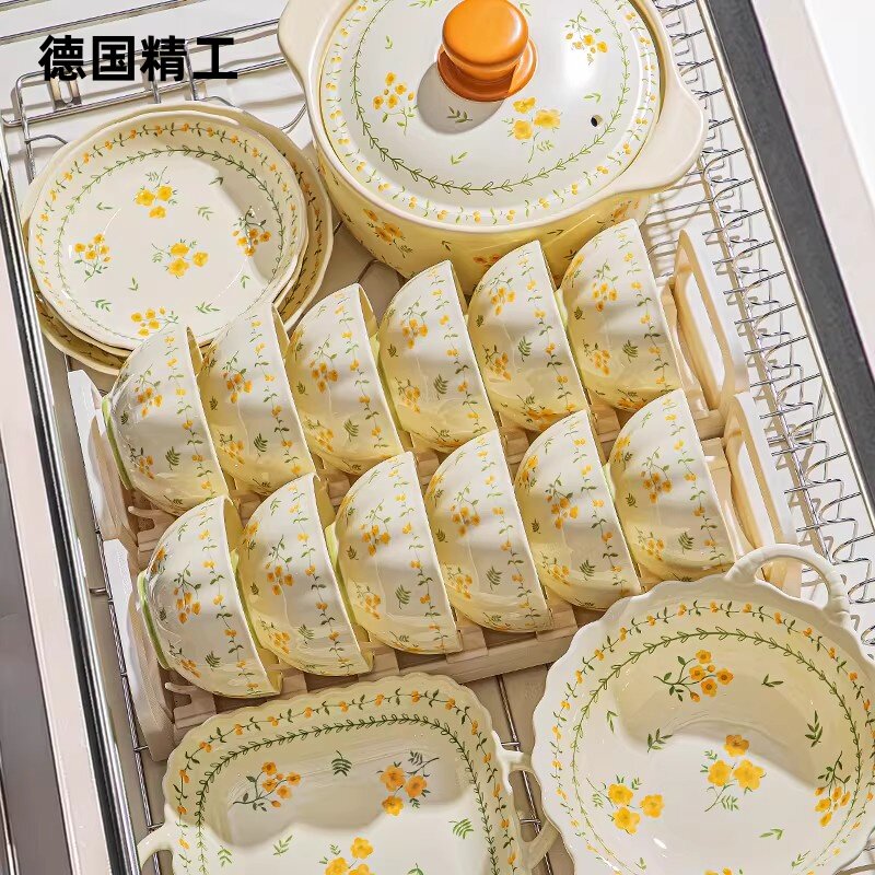 德国精工釉下彩治愈奶油田园风碗碟套装碗高颜值陶瓷餐具碗盘乔迁