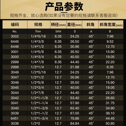 沪豪1/2柄木工45度（45°）斜角刀 带轴承1/4修边刀 木工刀具锣刀