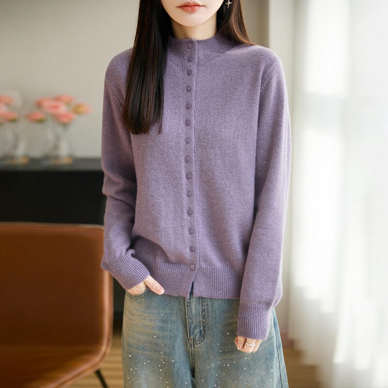 女士珠片半高领显瘦宽松型纯色厚毛针织衫