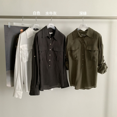 TABLE-衬衫后背收扣设计宽松显瘦双口袋可挽袖长袖上衣衬衫37103