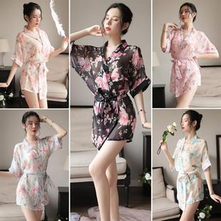 女式睡衣夏季套头衫单件冰丝绸印花睡衣丝绸薄性感系带浴袍丝绸家